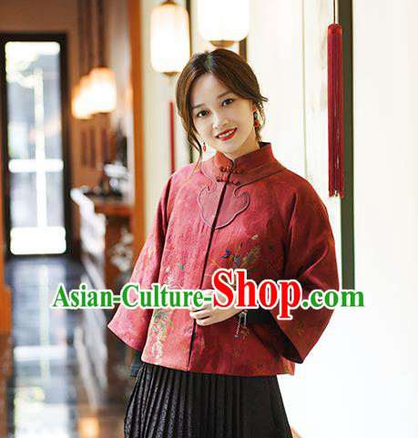 China Tang Suit Overcoat National Women Clothing Classical Orchids Pattern Red Silk Jacket