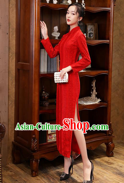 Chinese Bride Red Cheongsam Classical Wedding Qipao Dress Traditional National Toast Costume