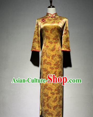 China Golden Brocade Cheongsam Catwalks Stage Performance Costume Classical Dance Qipao Dress