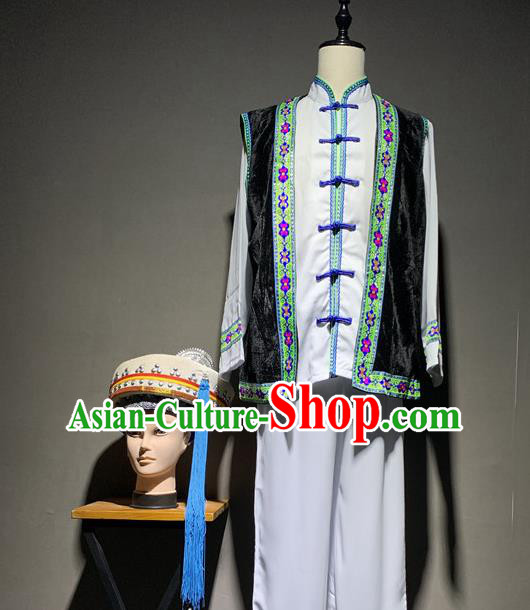Chinese Dai Nationality Dance Costumes Yunnan Ethnic Minority Folk Dance Clothing and Hat for Men