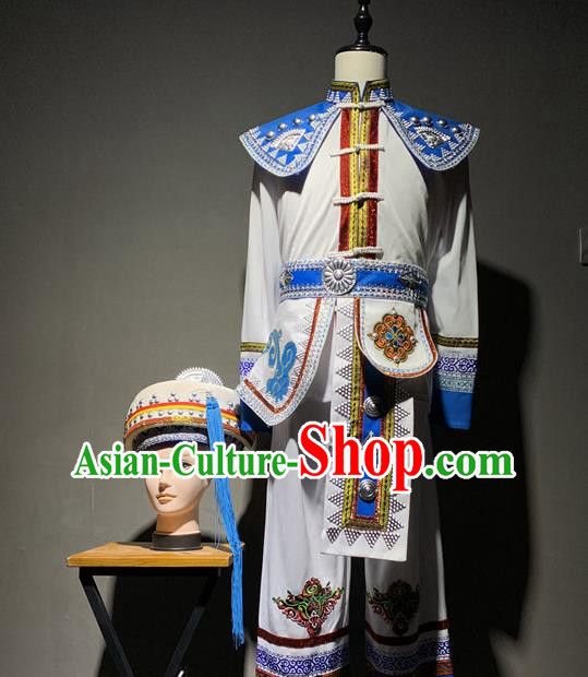 Chinese Bai Nationality Male Dance Costumes Yunnan Ethnic Minority Folk Dance White Outfits Clothing and Hat