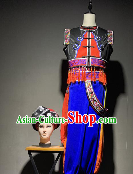 Chinese Zhuang Nationality Dance Costumes Guangxi Ethnic Minority Stage Performance Outfits Clothing and Headwear