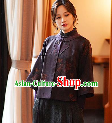 China Classical Orchids Pattern Purple Silk Jacket Tang Suit Overcoat National Women Clothing