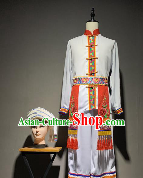 Chinese Bai Nationality Folk Dance Costumes Yunnan Ethnic Minority Bridegroom White Outfits and Hat