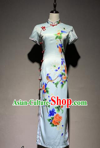 China Classical Dance Qipao Dress Printing Peony Silk Cheongsam Catwalks Stage Performance Costume