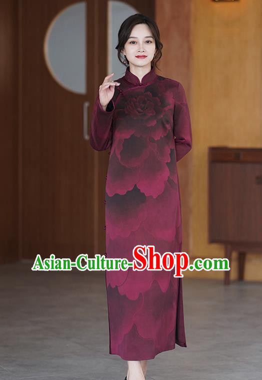 China Classical Peony Pattern Wine Red Silk Cheongsam Costume National Young Women Qipao Dress