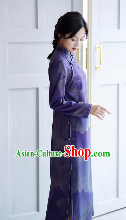 China National Young Women Modern Qipao Dress Classical Peony Pattern Purple Silk Cheongsam Costume