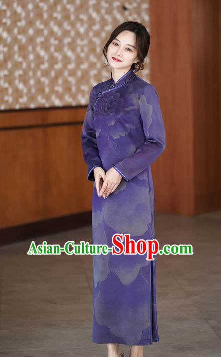 China National Young Women Modern Qipao Dress Classical Peony Pattern Purple Silk Cheongsam Costume