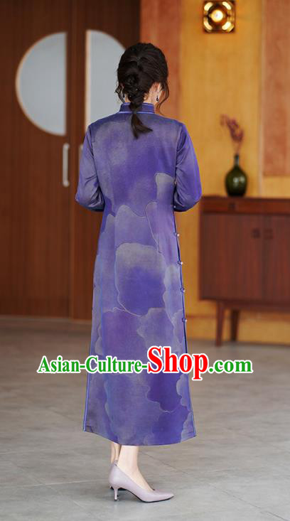 China National Young Women Modern Qipao Dress Classical Peony Pattern Purple Silk Cheongsam Costume