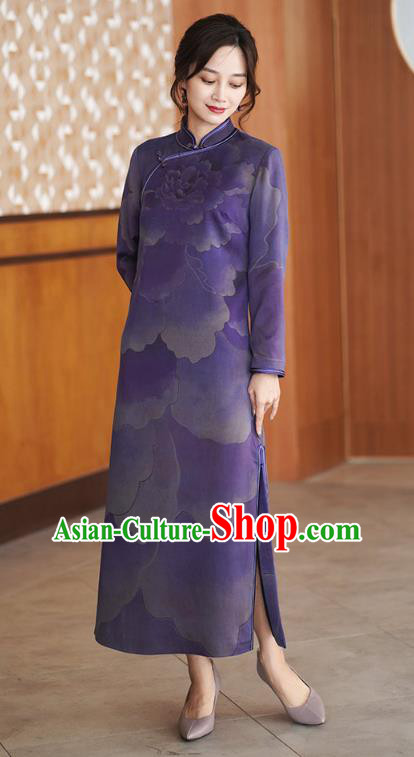 China National Young Women Modern Qipao Dress Classical Peony Pattern Purple Silk Cheongsam Costume
