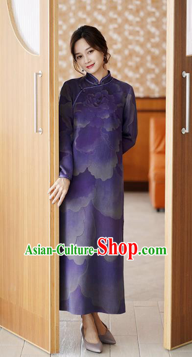 China National Young Women Modern Qipao Dress Classical Peony Pattern Purple Silk Cheongsam Costume