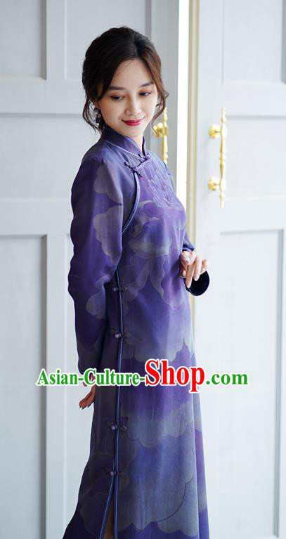 China National Young Women Modern Qipao Dress Classical Peony Pattern Purple Silk Cheongsam Costume