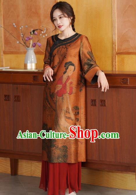 China National Women Clothing Classical Beauty Pattern Orange Silk Long Gown Tang Suit Overcoat