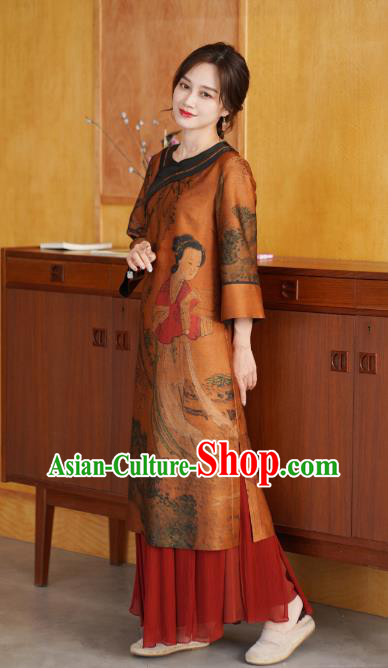 China National Women Clothing Classical Beauty Pattern Orange Silk Long Gown Tang Suit Overcoat