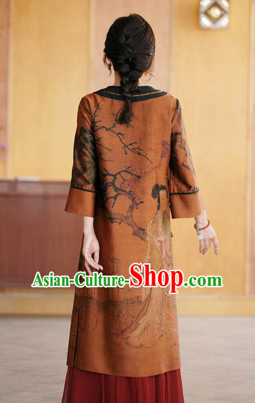 China National Women Clothing Classical Beauty Pattern Orange Silk Long Gown Tang Suit Overcoat