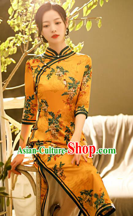 Chinese Classical Golden Silk Qipao Dress Traditional Stage Show Costume Shanghai Young Lady Cheongsam