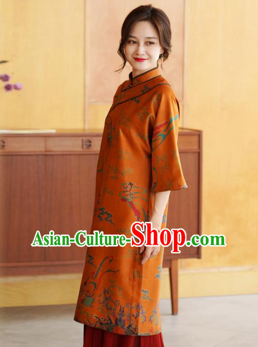 China Tang Suit Overcoat National Women Clothing Classical Goddess Pattern Orange Silk Long Gown