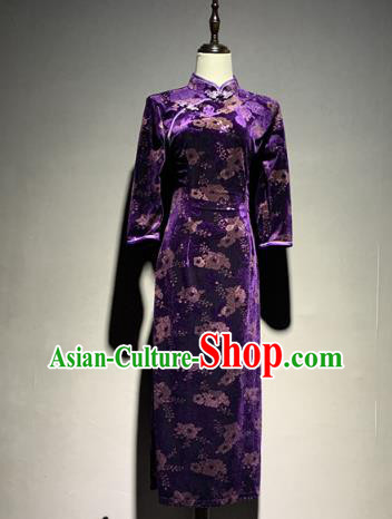 China Shanghai Purple Velvet Qipao Dress Catwalks Stage Performance Costume Mother Cheongsam
