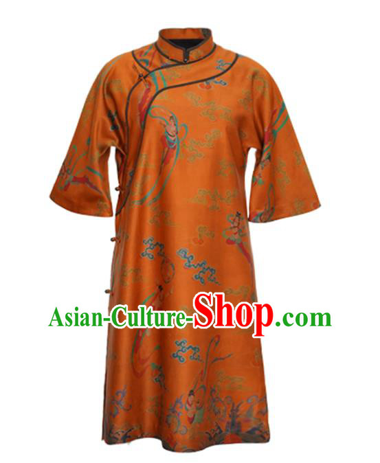 China Tang Suit Overcoat National Women Clothing Classical Goddess Pattern Orange Silk Long Gown