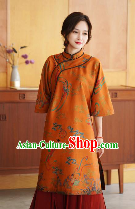 China Tang Suit Overcoat National Women Clothing Classical Goddess Pattern Orange Silk Long Gown
