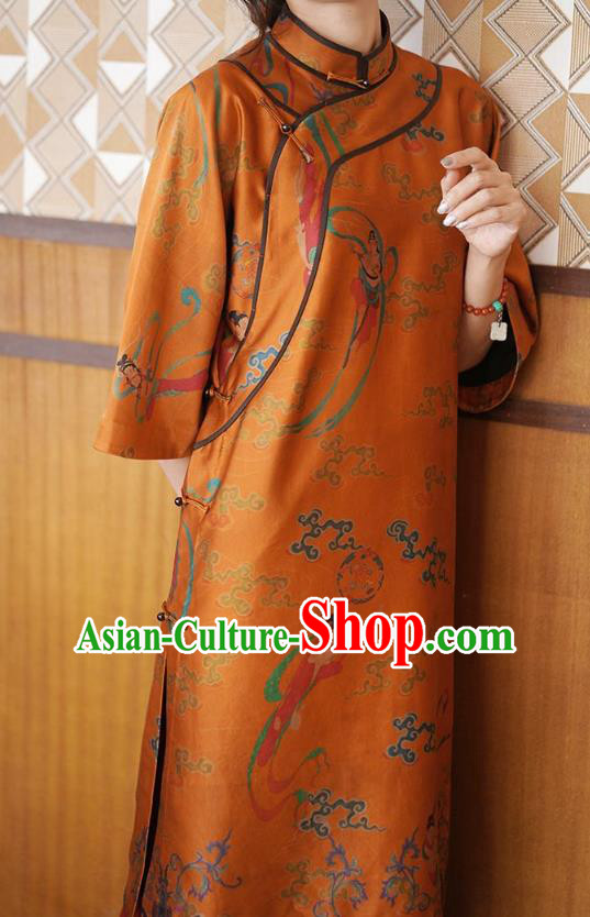 China Tang Suit Overcoat National Women Clothing Classical Goddess Pattern Orange Silk Long Gown