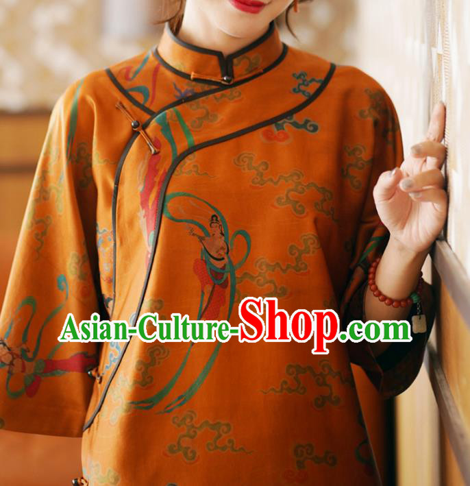 China Tang Suit Overcoat National Women Clothing Classical Goddess Pattern Orange Silk Long Gown