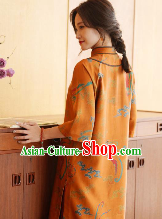 China Tang Suit Overcoat National Women Clothing Classical Goddess Pattern Orange Silk Long Gown