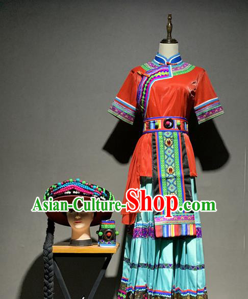 Chinese Pumi Nationality Minority Costumes Yunnan Ethnic Folk Dance Dress Outfits and Headwear