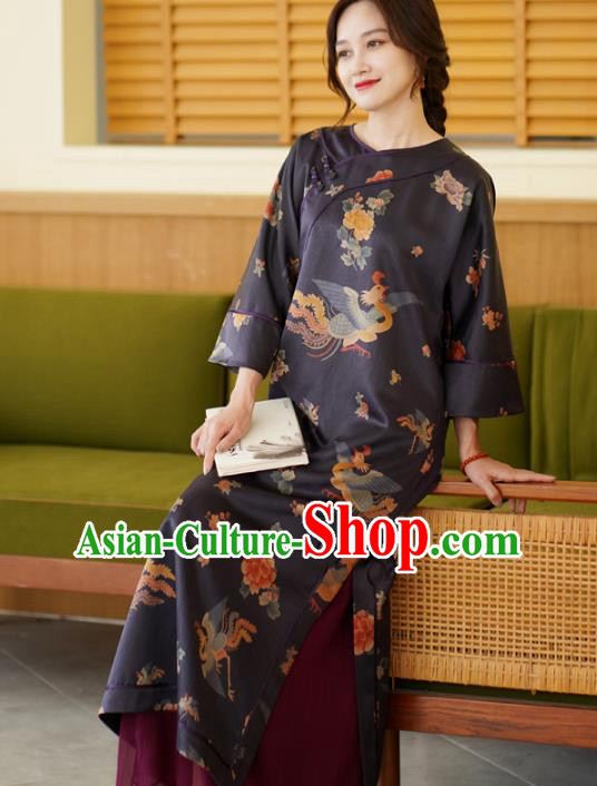 China National Young Women Qipao Dress Classical Phoenix Peony Pattern Purple Silk Cheongsam