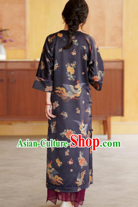 China National Young Women Qipao Dress Classical Phoenix Peony Pattern Purple Silk Cheongsam