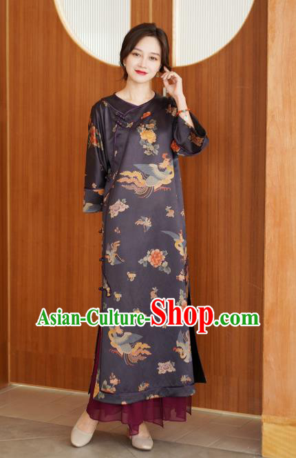 China National Young Women Qipao Dress Classical Phoenix Peony Pattern Purple Silk Cheongsam