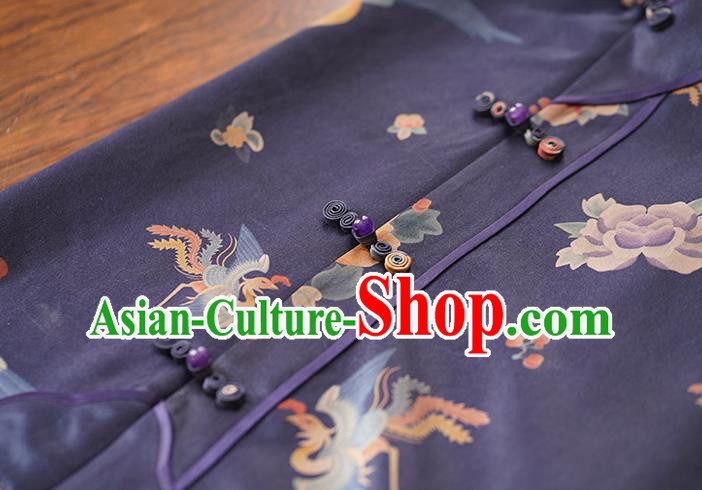 China National Young Women Qipao Dress Classical Phoenix Peony Pattern Purple Silk Cheongsam