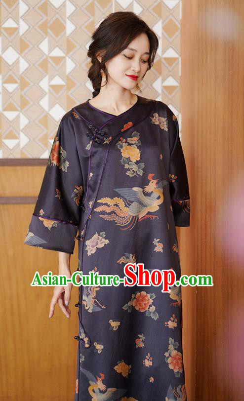 China National Young Women Qipao Dress Classical Phoenix Peony Pattern Purple Silk Cheongsam
