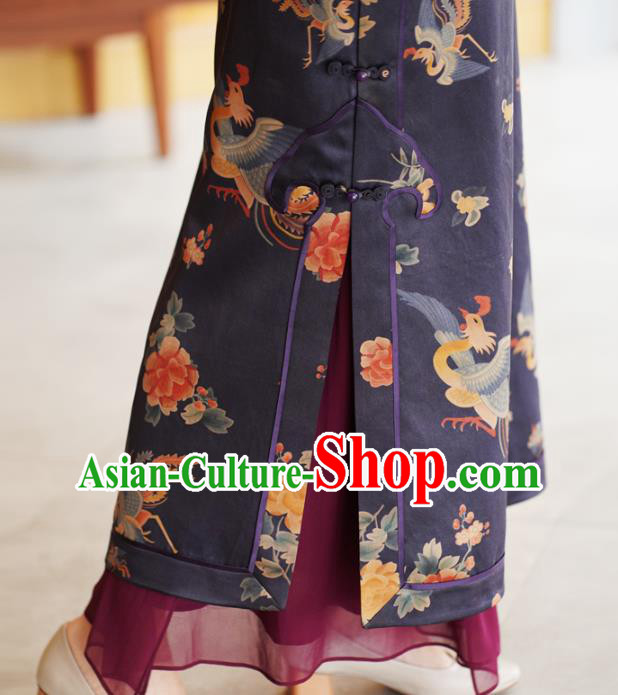 China National Young Women Qipao Dress Classical Phoenix Peony Pattern Purple Silk Cheongsam