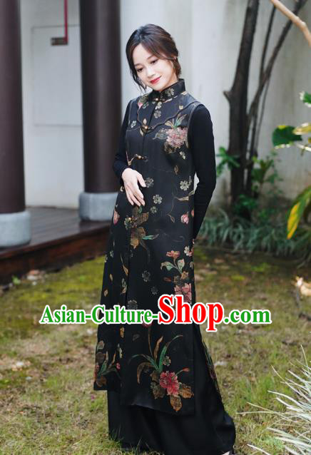 Chinese Classical Hand Painting Peony Black Silk Vest National Women Tang Suit Long Waistcoat