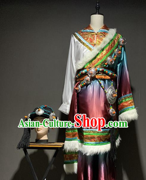Chinese Zang Nationality Stage Performance Costumes Tibetan Ethnic Minority Male Robe Outfits and Headpiece