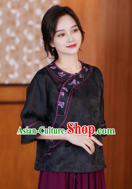 China Classical Embroidered Black Silk Blouse Tang Suit Top Shirt National Women Clothing