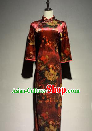 China Catwalks Stage Performance Costume Mother Cheongsam Shanghai Dark Red Silk Qipao Dress