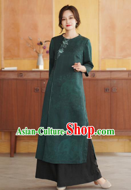 China Tang Suit Overcoat National Women Clothing Classical Embroidered Green Silk Dust Coat