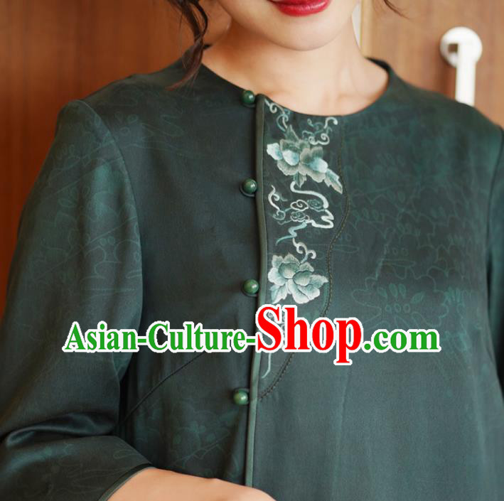 China Tang Suit Overcoat National Women Clothing Classical Embroidered Green Silk Dust Coat