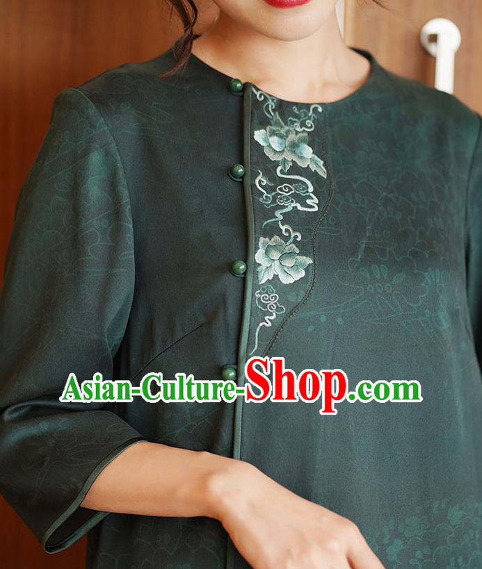 China Tang Suit Overcoat National Women Clothing Classical Embroidered Green Silk Dust Coat