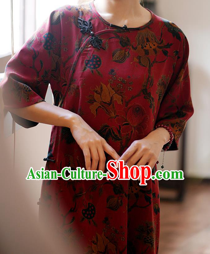 China National Gambiered Guangdong Gauze Long Qipao Classical Red Silk Cheongsam Dress