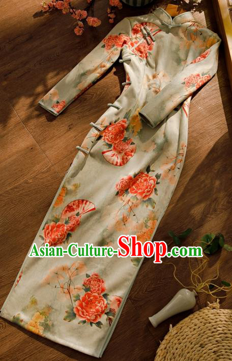 Chinese Traditional Young Beauty Cheongsam Clothing Classical Printing Peony Light Green Qipao Dress