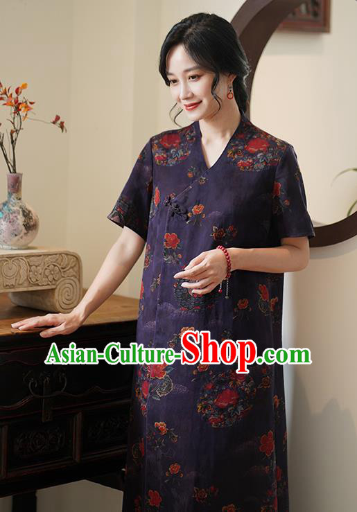 China Classical Purple Silk Cheongsam Dress National Slant Opening Long Qipao