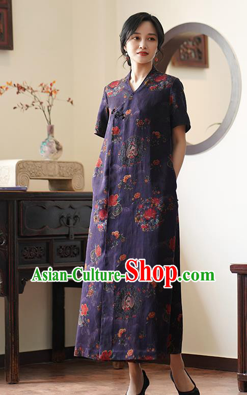 China Classical Purple Silk Cheongsam Dress National Slant Opening Long Qipao