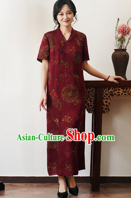 China National Slant Opening Long Qipao Costume Classical Red Silk Cheongsam Dress