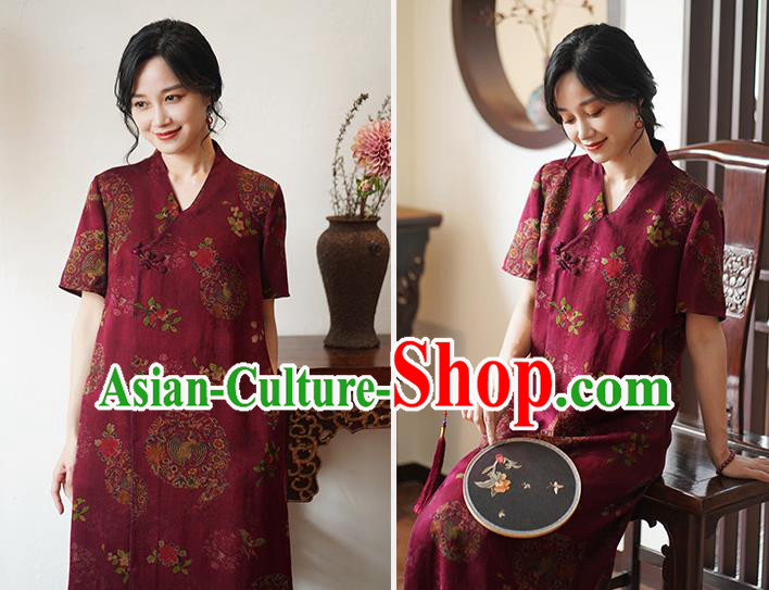 China National Slant Opening Long Qipao Costume Classical Red Silk Cheongsam Dress