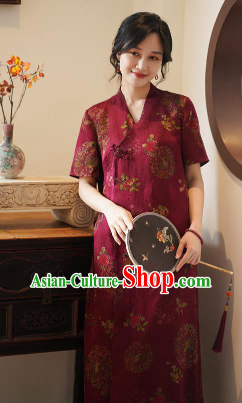 China National Slant Opening Long Qipao Costume Classical Red Silk Cheongsam Dress