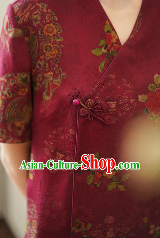 China National Slant Opening Long Qipao Costume Classical Red Silk Cheongsam Dress