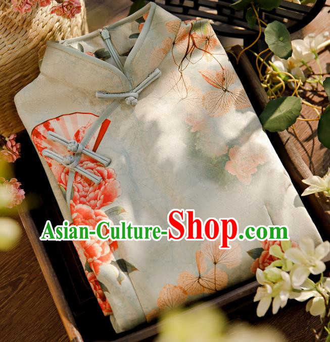 Chinese Traditional Young Beauty Cheongsam Clothing Classical Printing Peony Light Green Qipao Dress